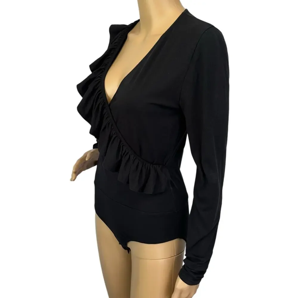 J. Crew Ruffle-Front Wrap Bodysuit Black H3685 Size S
